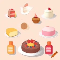 A.I. image generated from haiku text of stylized colorful cakes with ingredient bottles in pastel limbo crayon.com 