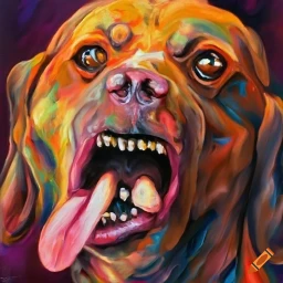 A.I. image generated from haiku text of a very nasty looking snarling bone yard dog crayon.com