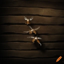 A.I. image generated from haiku text of three insectile type images on a slat wall. 