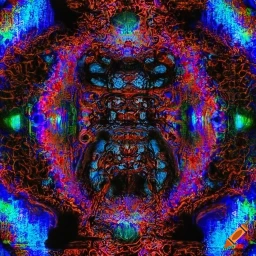 A.I. image generated from haiku text. A sort of stylized digital mandala in reds and blues 