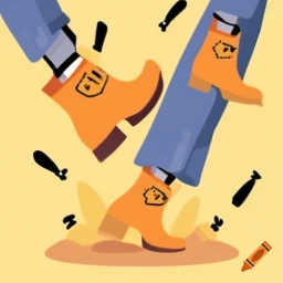 A.I. image generated from haiku text of boots and bomb shaped artifacts stomping on a puddle of something.