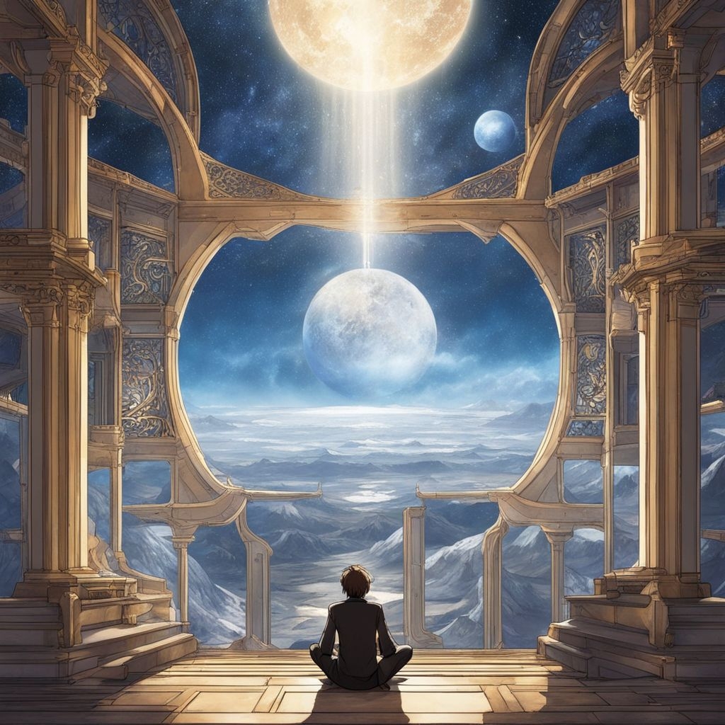 A.I. image generated from haiku text of a seated figure gazing out over ethereal imagination scape 