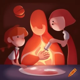 A.I. image generated from tanka text of an abstract human figure seated at a table  with hand over heart it's with a child on each side