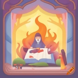 A.I. image generated from haiku text of person seated under a great big book with tentacles of fire suggested in abstract background