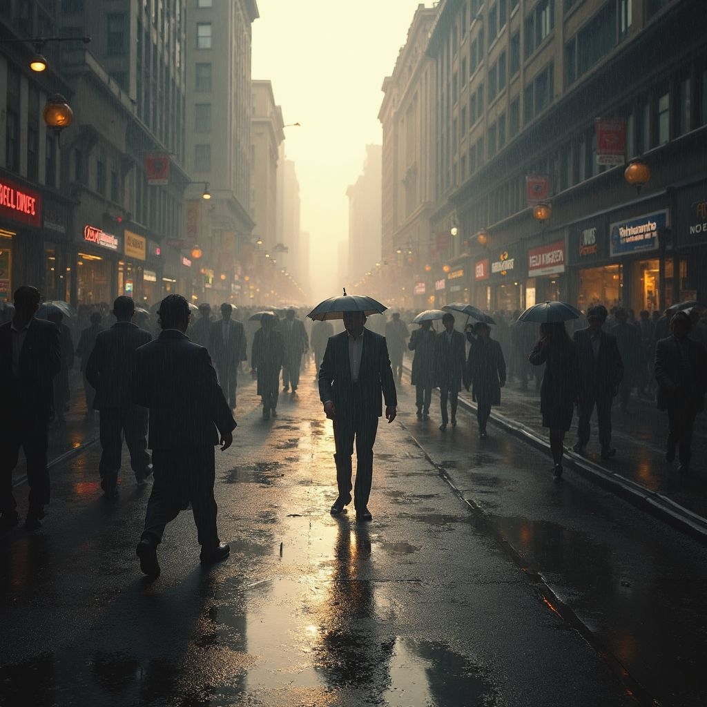 A.I. generated image from haiku text of dreary people walking down a dreary street.  Some with umbrellas. Others without.