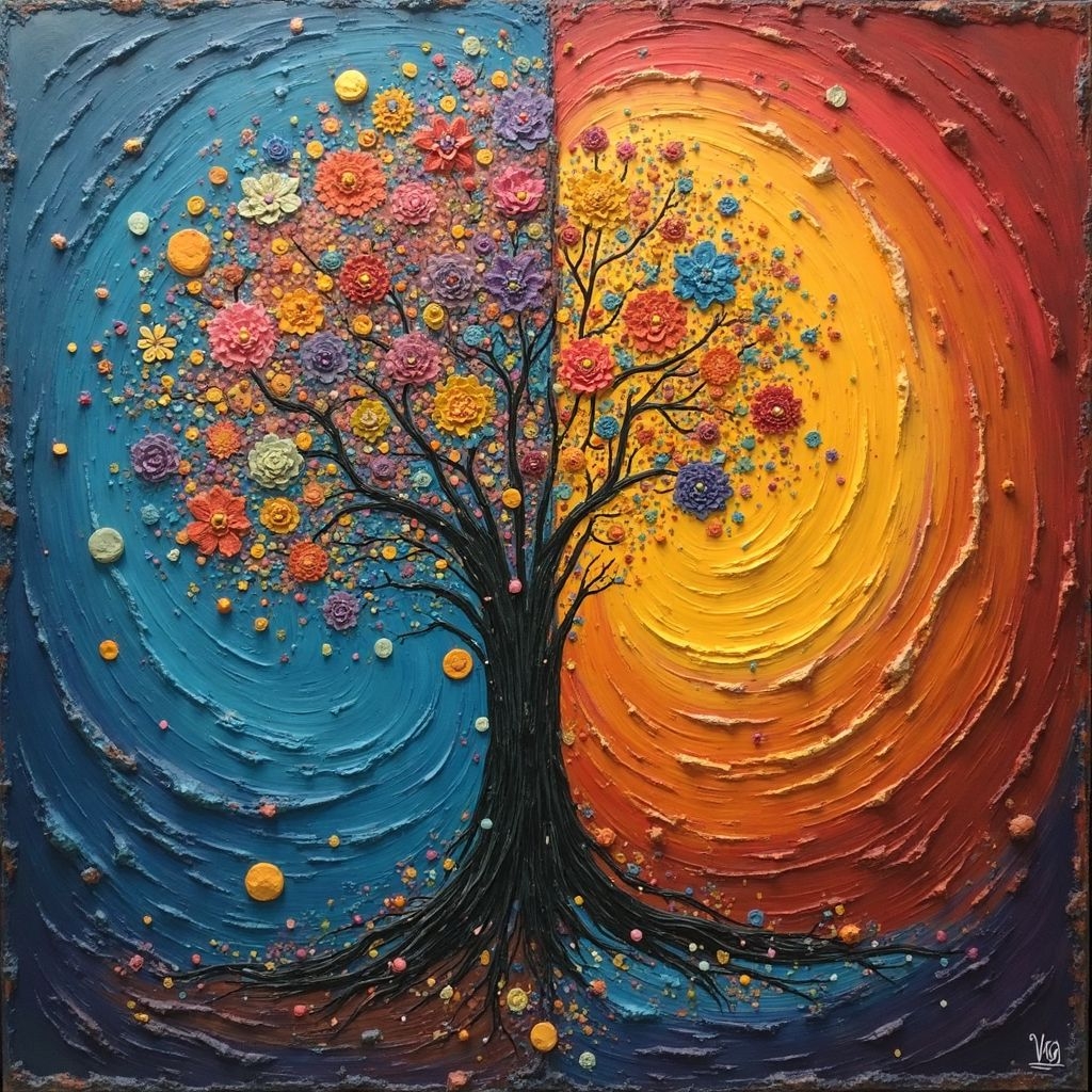 A.I. generated image from haiku text of a stylized tree with blooms half in a dark world and half in a sunny world. Dark world seems to have more dispersed blooms than Sunnyside.