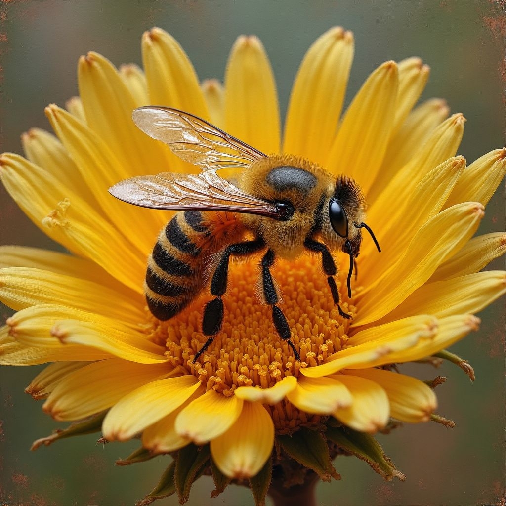 A.I. image generated from haiku text of bee poised on blooming yellow flower 