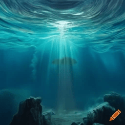 A.I. image generated from haiku text of seated floor with rocks and surface above with light shing through.