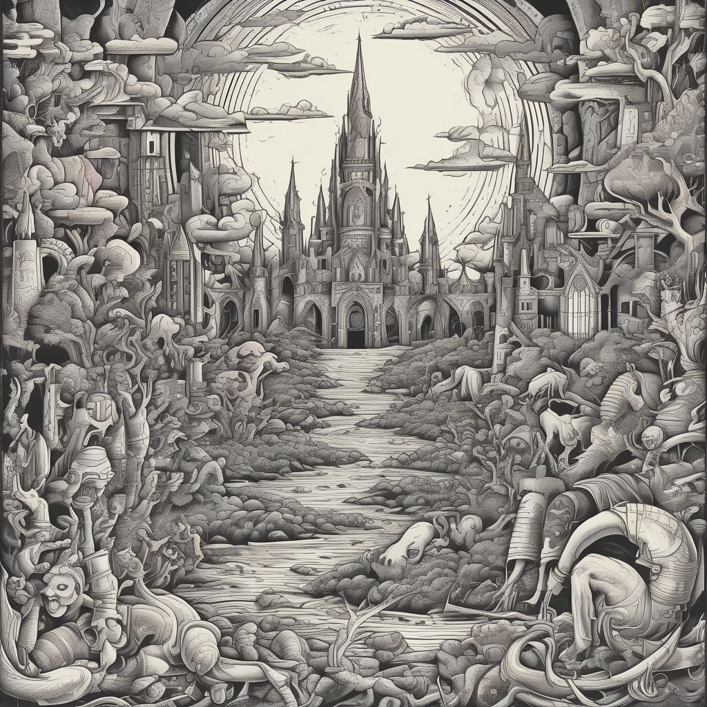 A.I. image generated from haiku text of B &W palace in the distance with harrowing things and beasties surrounding it and the path that leads to it.