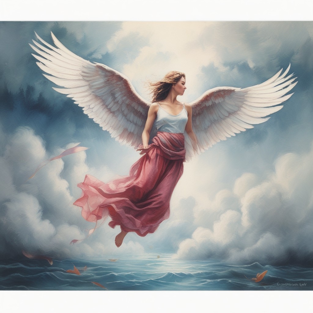 A.I. image generated from tanka text of human form with angel wings soaring amongst clouds.