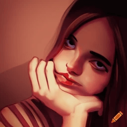 A.I. image generated from haiku text of an illustration of a human face cradled on a hand palm with a blank expression