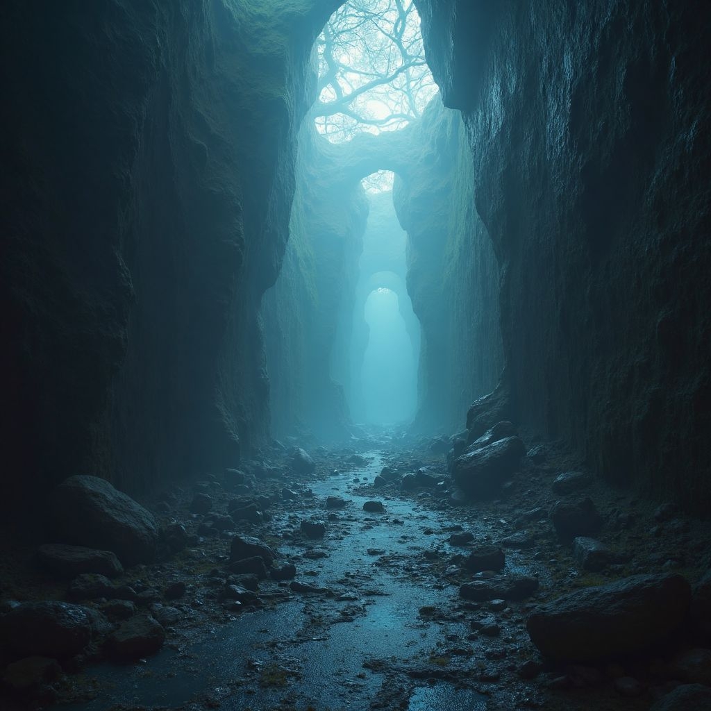 A.I. image generated from tanka text of a dark cave like gulch or grotto with trees above.