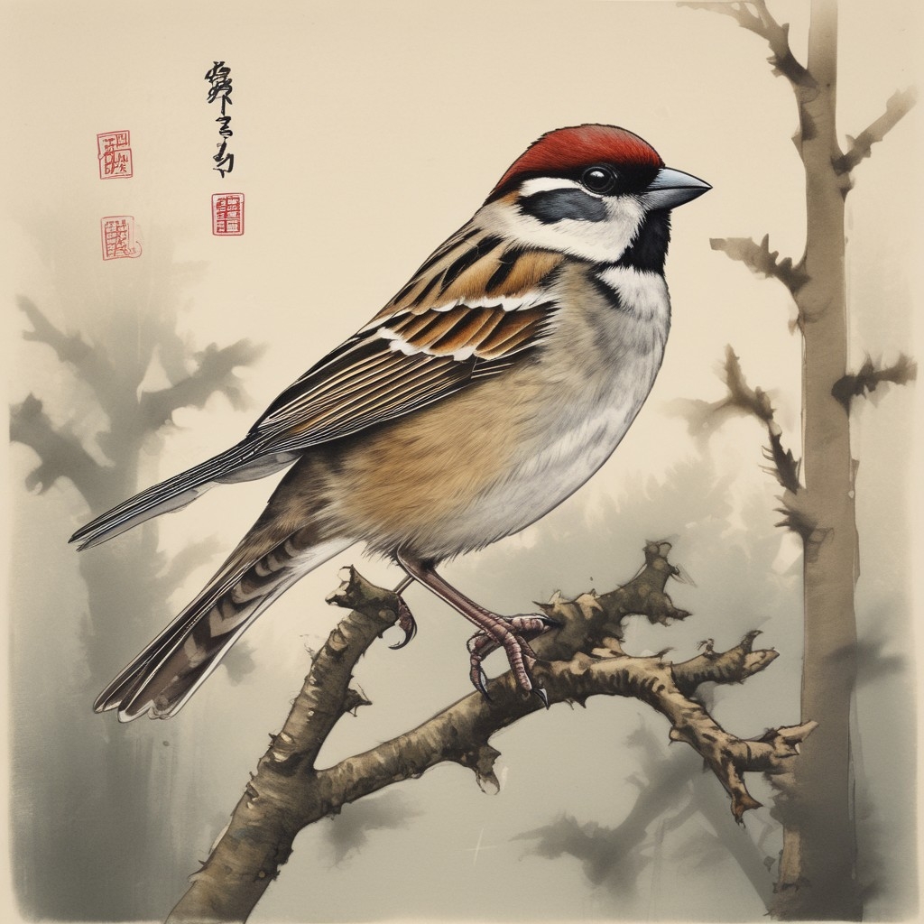 A.I. generated image from haiku text of a sparrow painted with Japanese styling 