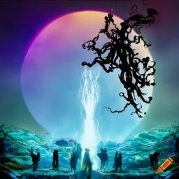 A.I. image generated from haiku text of dark sinews in the sky blocking out moonlight from those below.