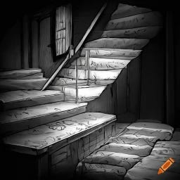 A.I. image generated from tanka text of staircases made of mattresses in a dinge basement 