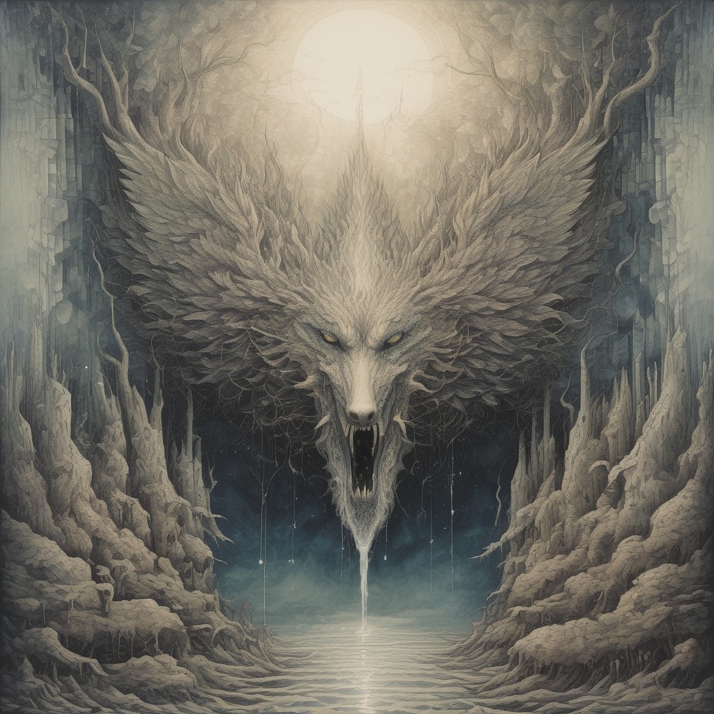 A.I. image generated from haiku text of monotone abstract wolf like beastie at the end of a lane of amorphous dollops. 