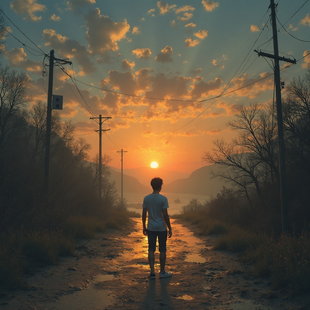 A.I. image generated from haiku text of a lone figure looking down the road to a sun on the horizon 