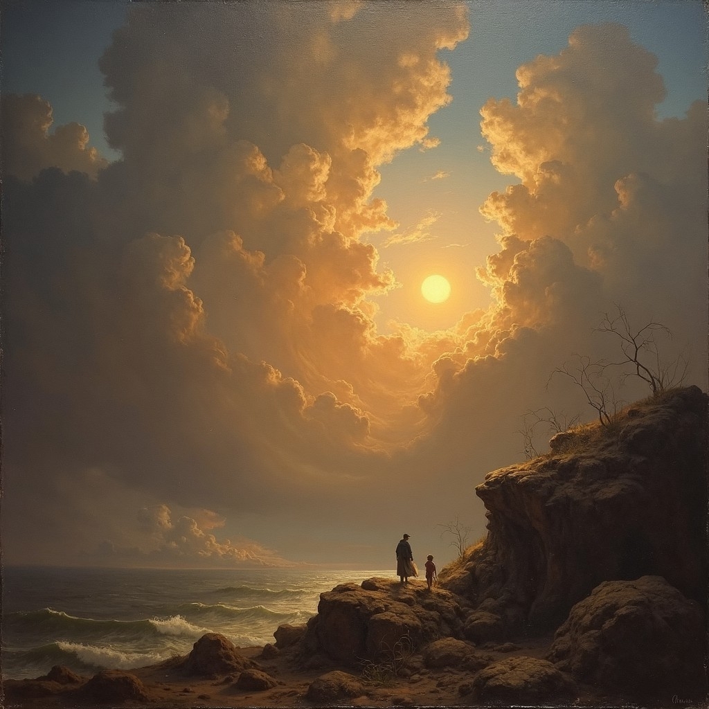 A.I. image generated from haiku text of clouds parting to reveal a sphere to humans standing on a craggy cliff above a seashore 