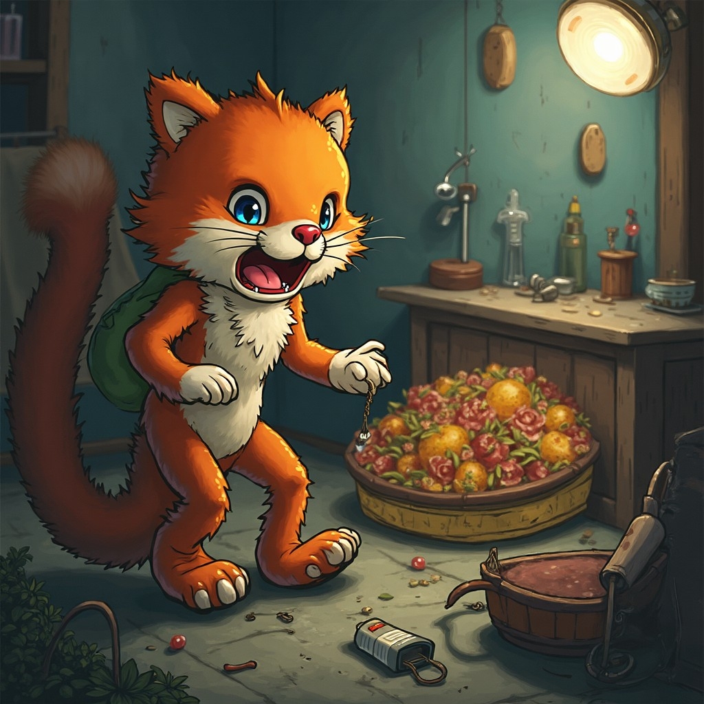 A.I. image generated from tanka text of a cartoon furry cosplay set with a basket of beads and trinkets and other props strewn on the floor