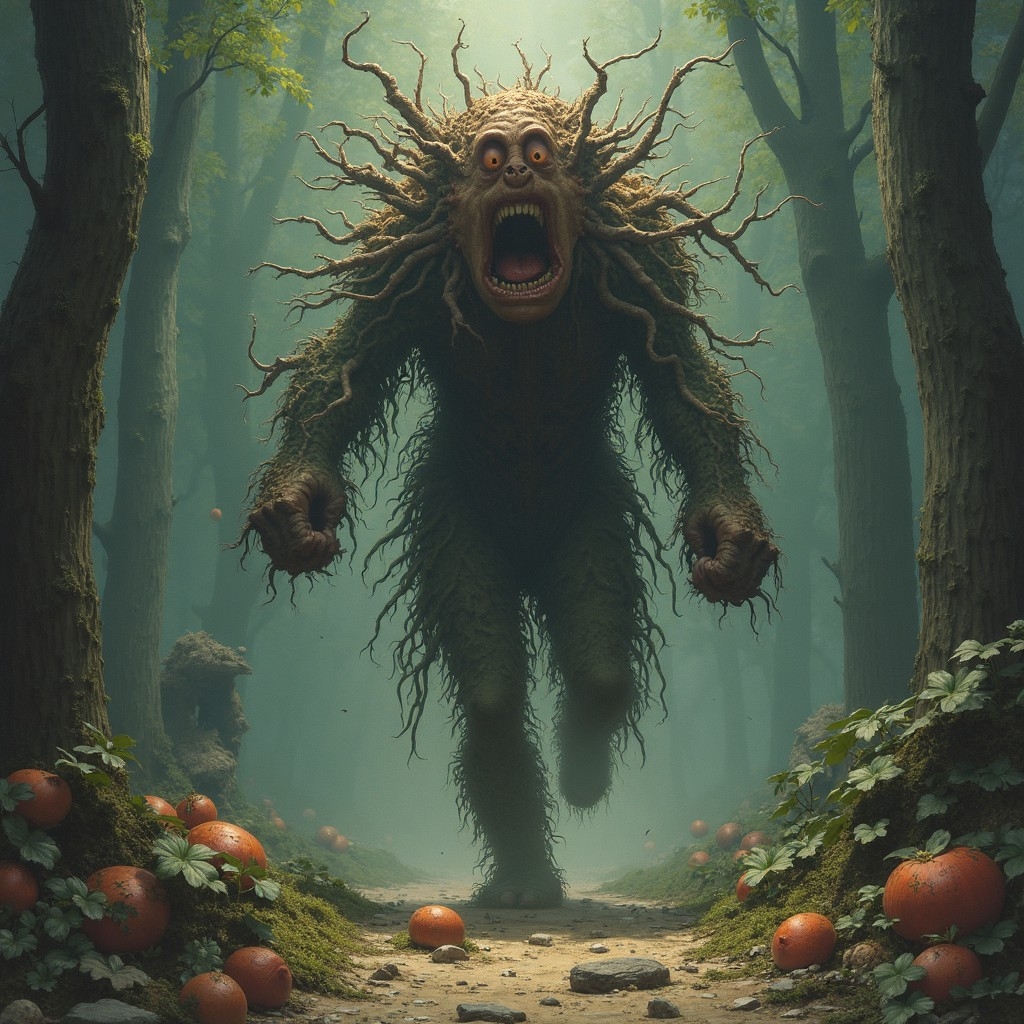 A.I. image generated from haiku text of large bipedal beasties made of roots running at us screaming.