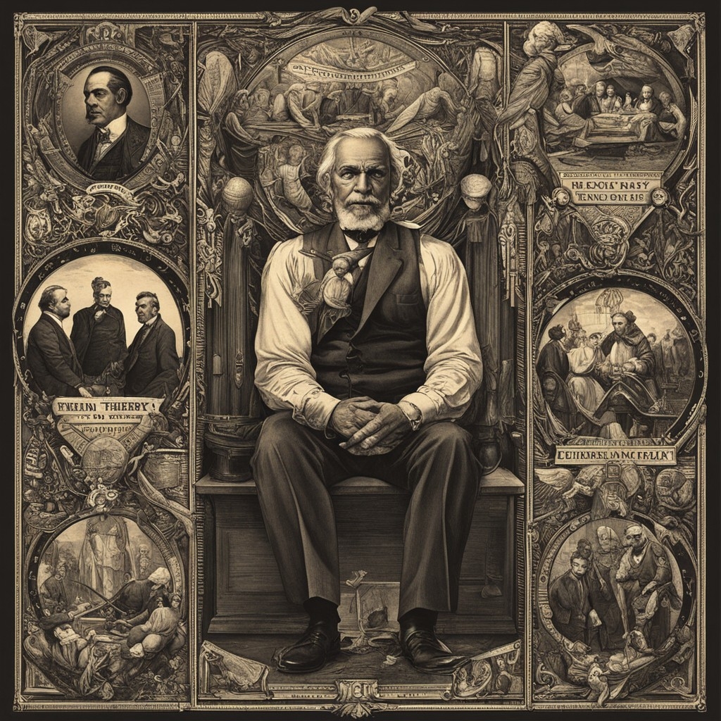 A.I. image generated from tanka text of a person seated surrounded by historic looking cameos 