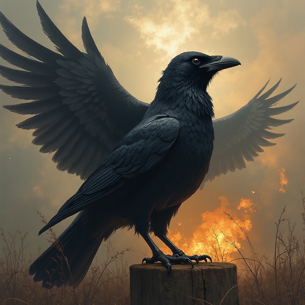 A.I. generated image from haiku text of a crow with another crows wing flapping behind all in a forest on fire
