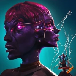 A.I. image generated from haiku text of a abstract head with two opposing and different faces looking away from each other