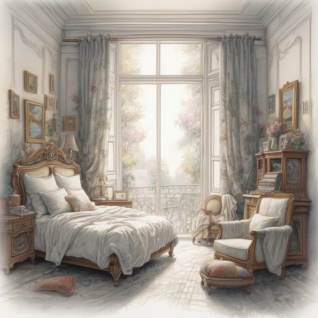 A.I. image generated from haiku text of comfy pristine dream white bedroom set up.