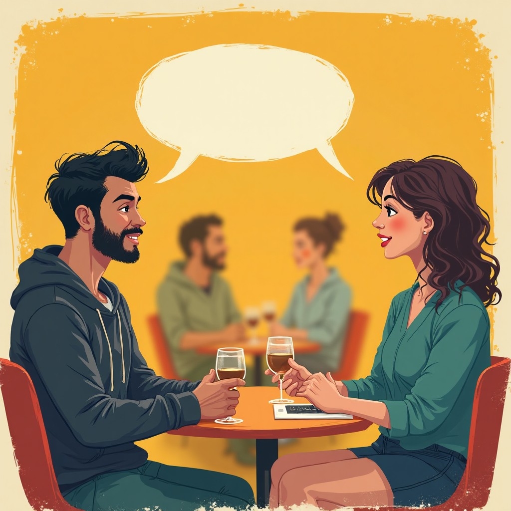 A.I. image generated from tanka text of a cartoon couple sitting at a table over some wine having an empty conversation bubble between them.