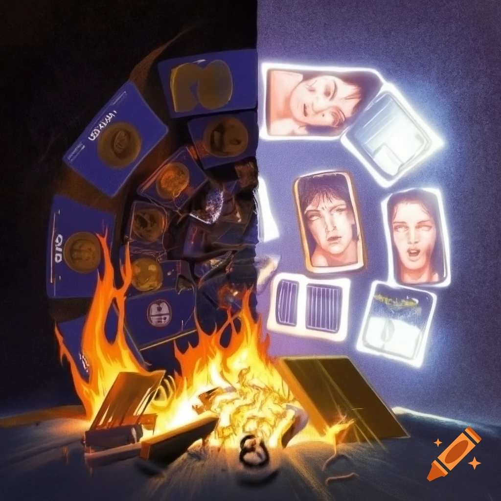 A.I. image generated from tanka text of a fire surrounded by screens rising off flame