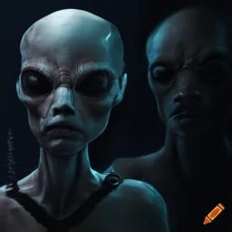 A.I. image generated from haiku text of two ET youths heavy on alien motif.