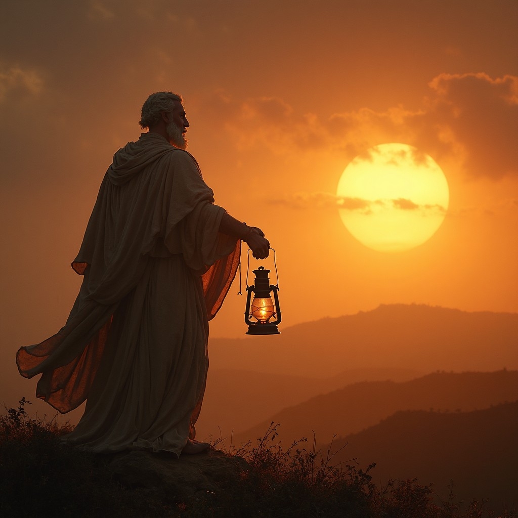 A.I. image generated from tanka text of a person holding a lantern looking out over a sunrise vista. 