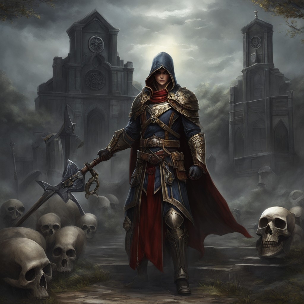 A.I. image generated from tanka text of sword welding armor clad human walking a path lined with skulls