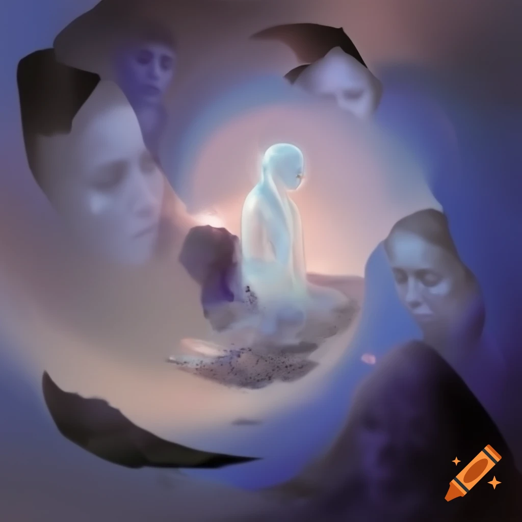 A.I. image generated from haiku text of faces swirling around a single entity