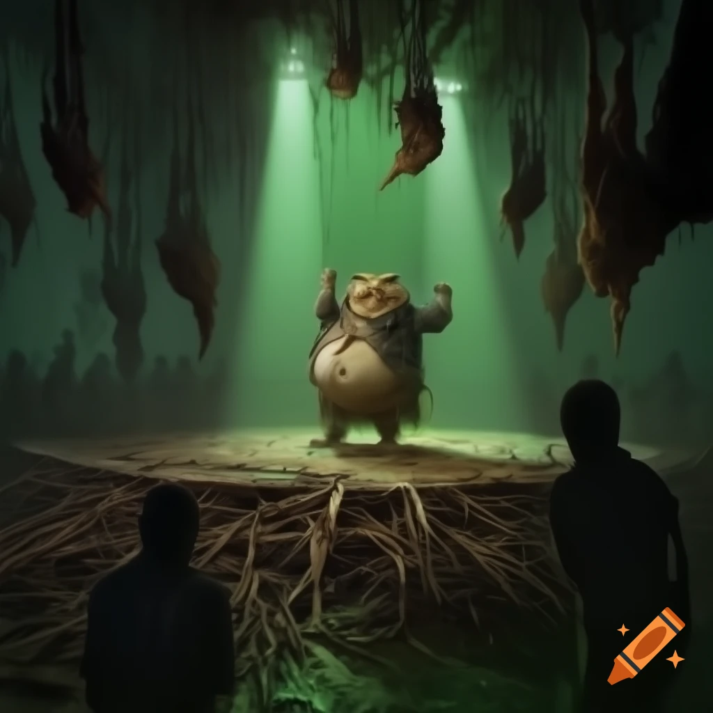 A.I. image generated from haiku text of corpulent little toady on stage performing on a stage 