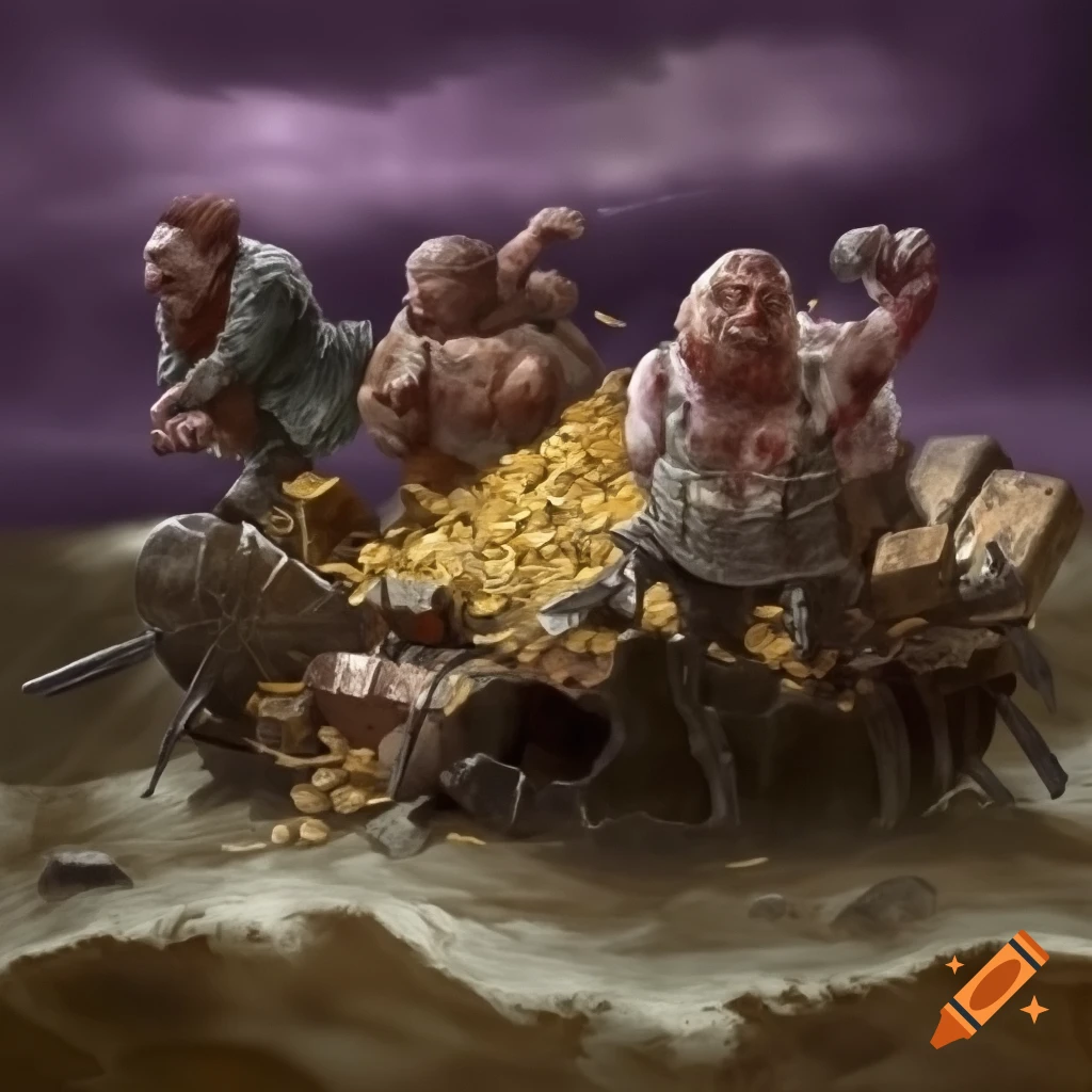 A.I. image generated from haiku text of greed personified floating on a raft overflowing with treasure on sea of graft