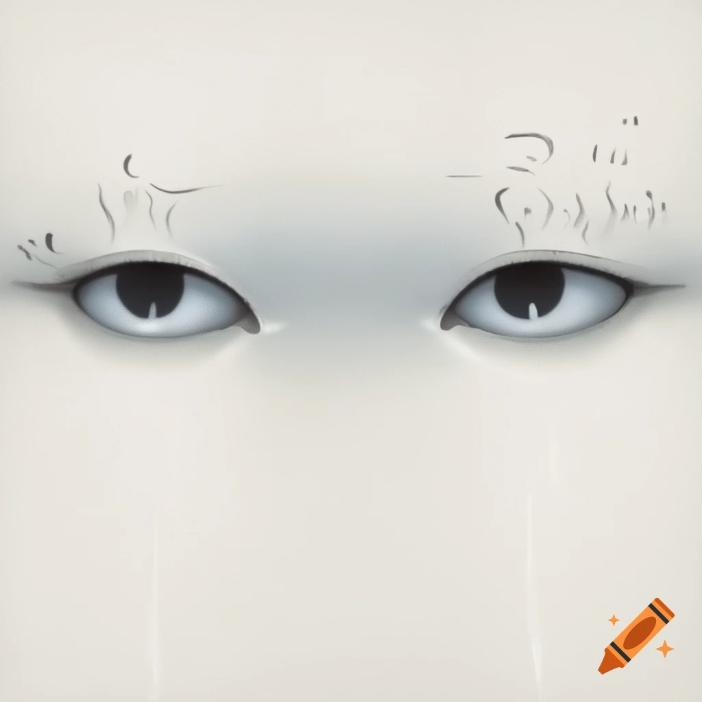 A.I. image generated from haiku text of eyes on a blank face with cryptic symbols for eyebrows