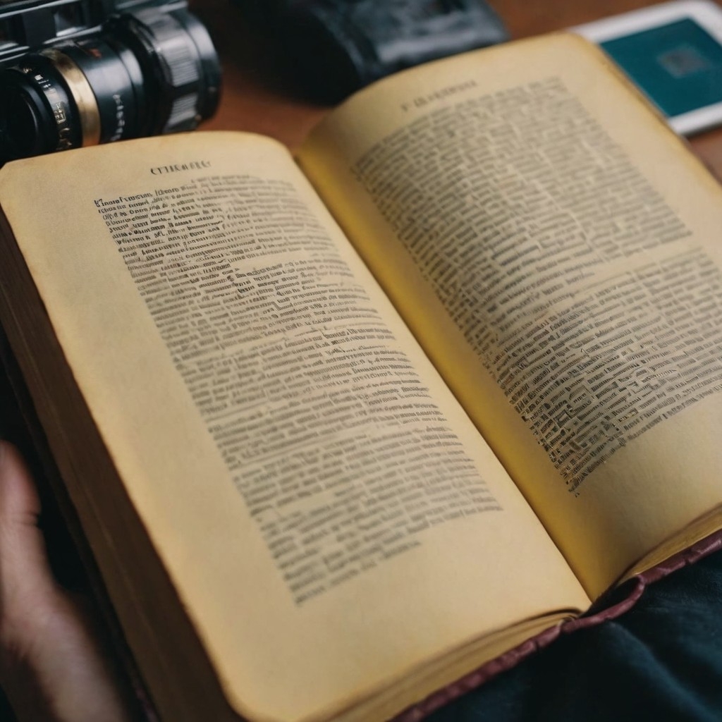 A.I. image generated from haiku text of an old book open on a desk with what looks like camera lens on the desk  next to the book