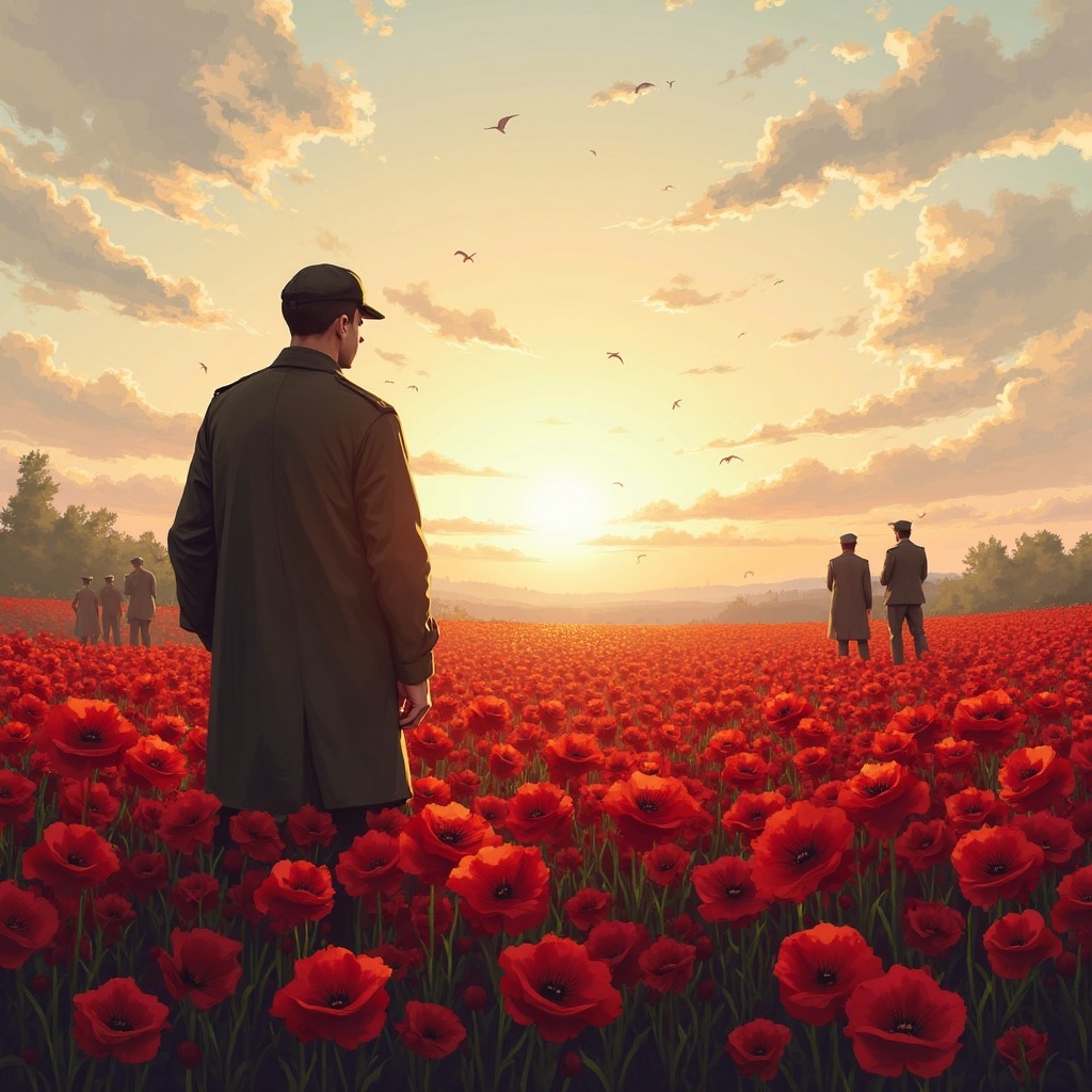 A.I. image generated by the word prompt Armistice Day of uniformed people standing in a poppy field.with birds flying above  