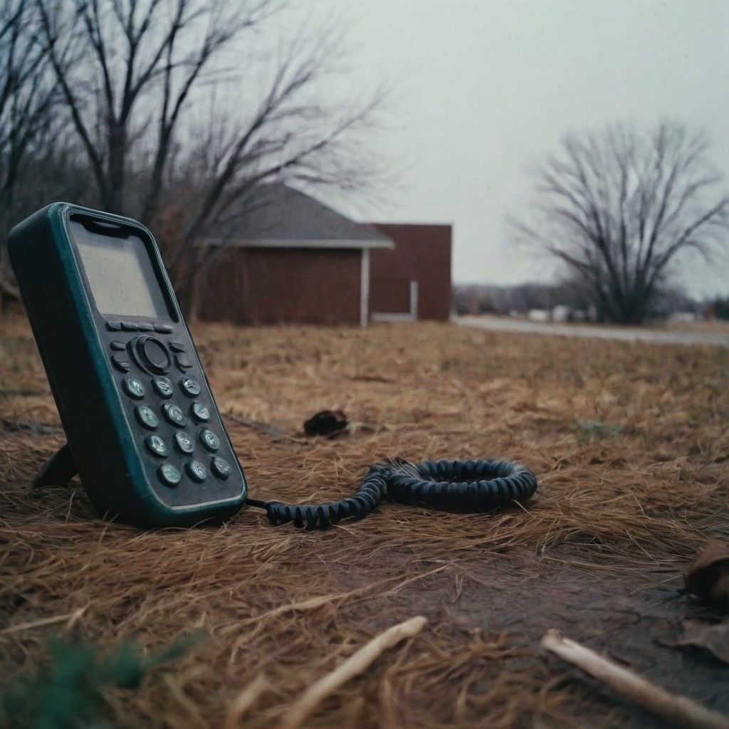 A.I. image generated from haiku text of barren landscape with a piece of discarded technology strewn upon dead grass on the side of a road with a suburban garage in the background