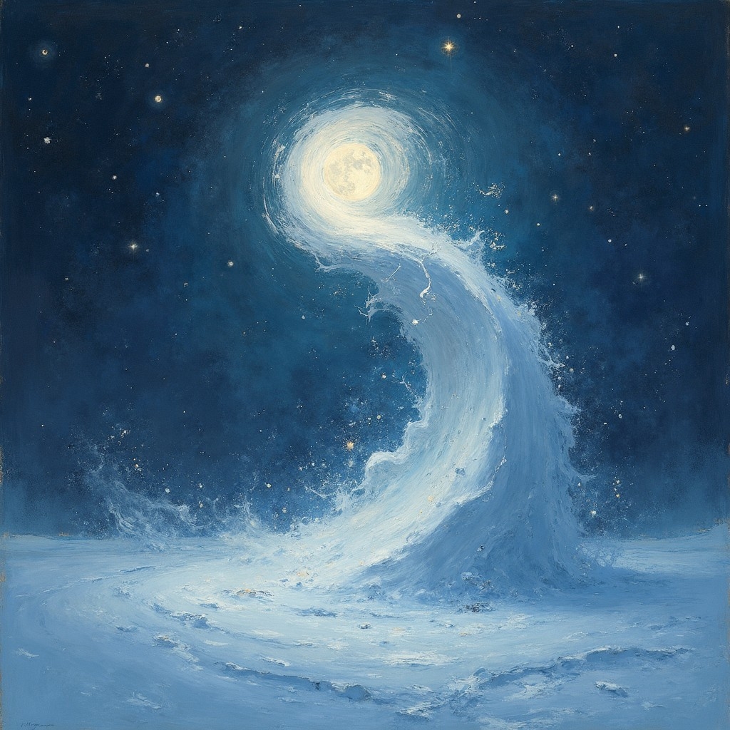A.I. image generated from haiku text of an abstract snow squall encircling the moon 
