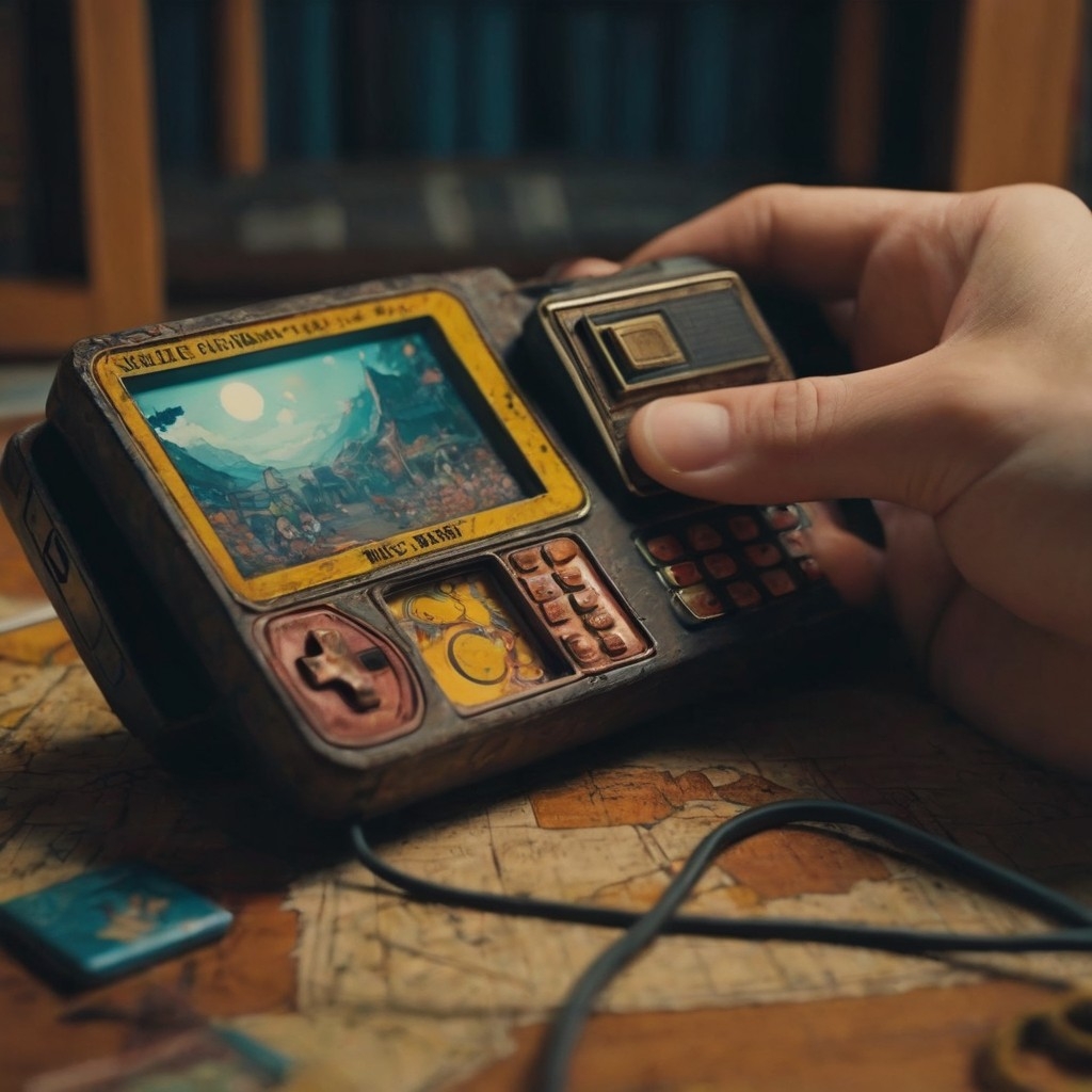 A.I. image generated from haiku text of an anachronistic game boy GPS handheld device type of