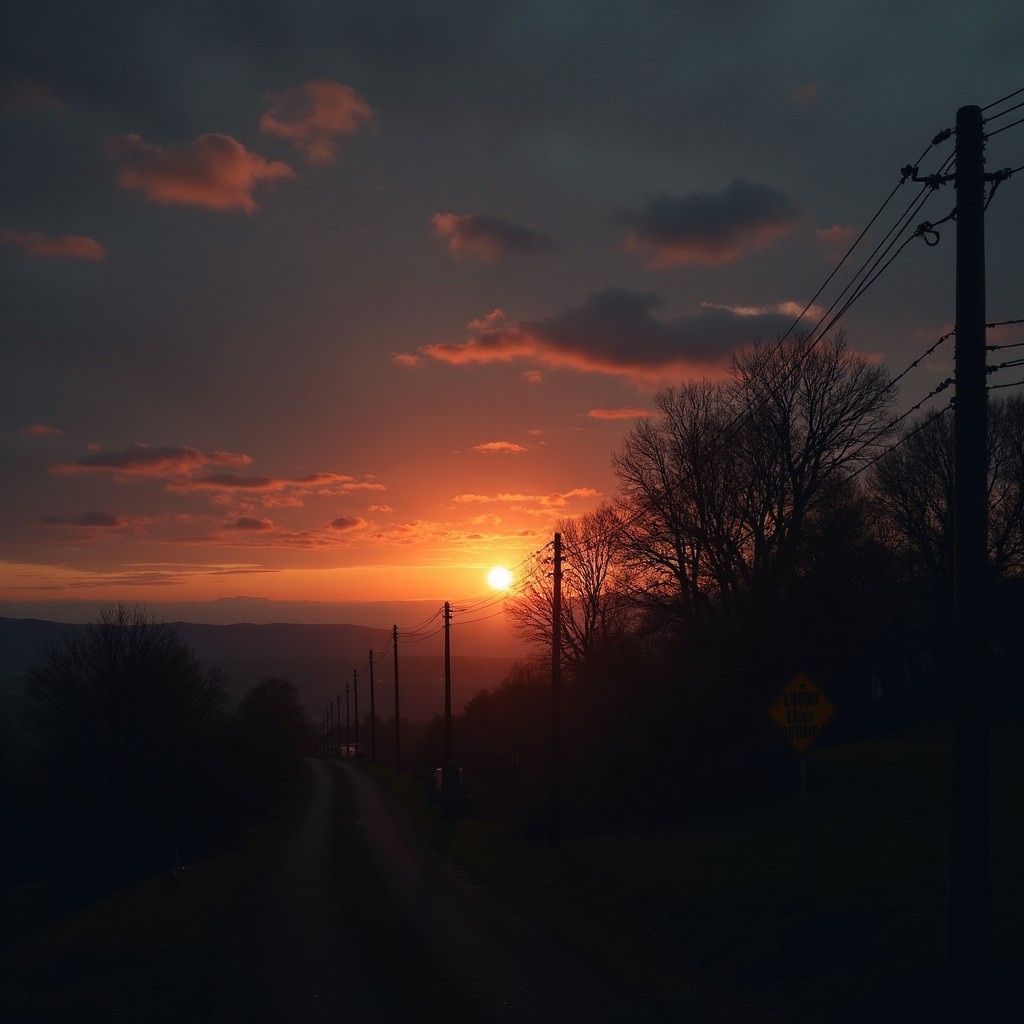 A.I. image generated from haiku text of a distant sunrise through trees and telephone wires and poles