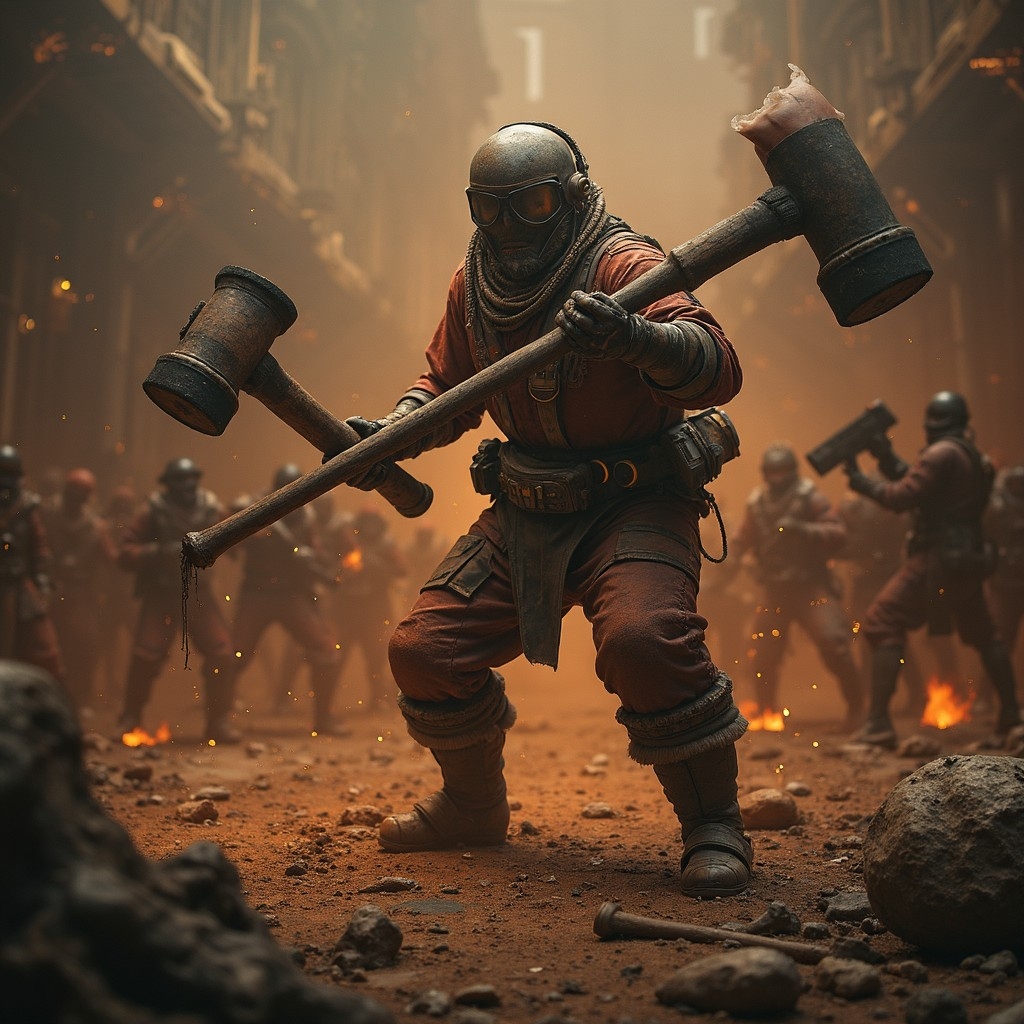 A.I. image generated from haiku text of large armored humanoid in a hazmat suit wielding large weaponized hammers