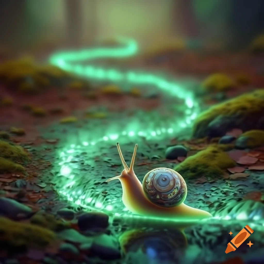 A.I. image generated from haiku text of a big ol snail following a neon green trail 