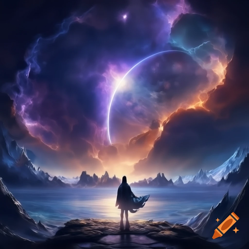 A.I. image generated from haiku text of a single human figure looking out over a surrealistic dreamscape with mountains, oceans, and assorted planetary bodies in the sky.