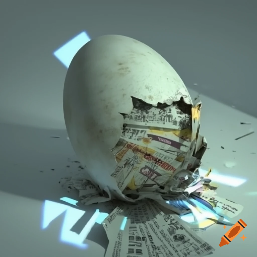 A.I. image generated from haiku text of a cracked egg spilling debris all over the place 