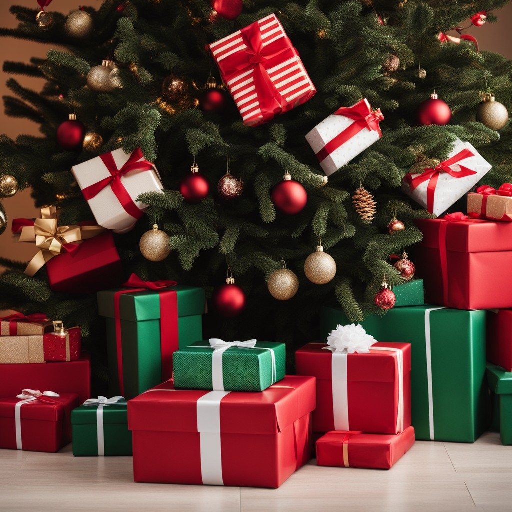 A.I. image generated from haiku text of stacks of presents under the tree