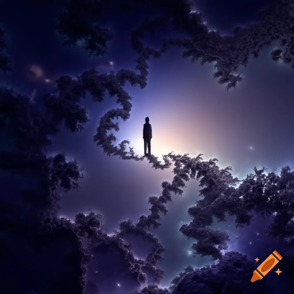A.I. image generated from haiku text of single human silhouette standing on multiple fractal threads going off in many directions