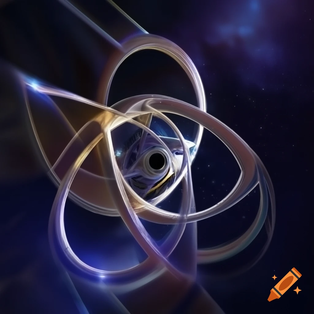 A.I. image generated from haiku text of a lens void encircled by shiney energy wave spirals 